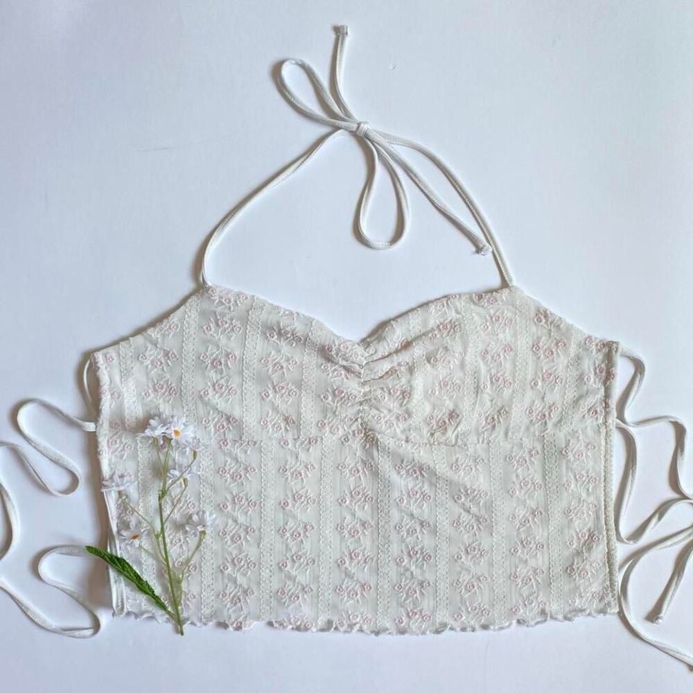 White floral halter crop top